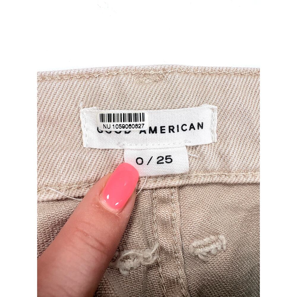Good American Good Ease Relaxed Jean 0/25 Khaki Beige Raw Hem Wide Leg High Rise - Picture 4 of 14